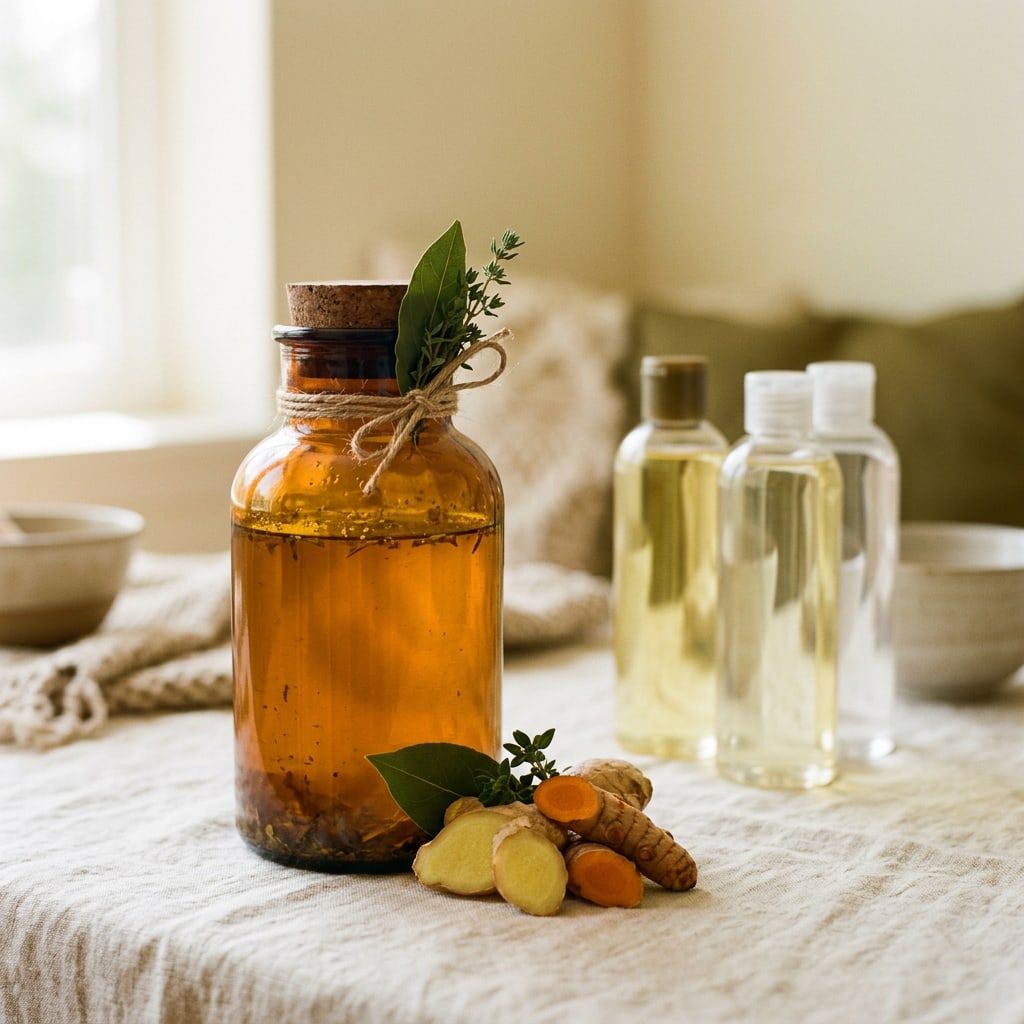 Jamu oil with ginger, turmeric and fresh herbs beside other oils