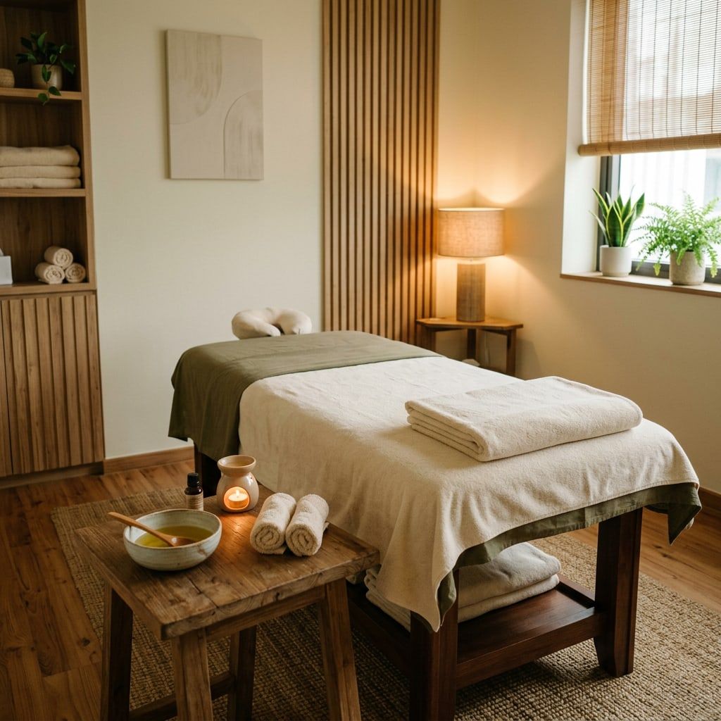 A calm treatment room with a massage bed and warm lamps
